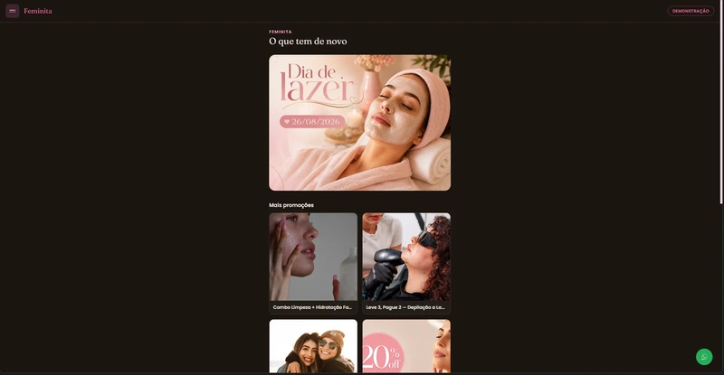 Aplicativo das clientes aberto nas novidades: a promoção do mês em destaque e as outras logo abaixo, cada uma com foto e nome.